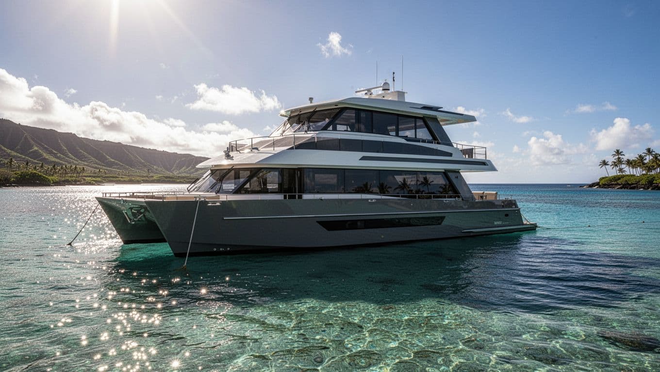 A modern double-decker boat is anchored in calm, transparent blue Hawaiian waters under a bright sun.