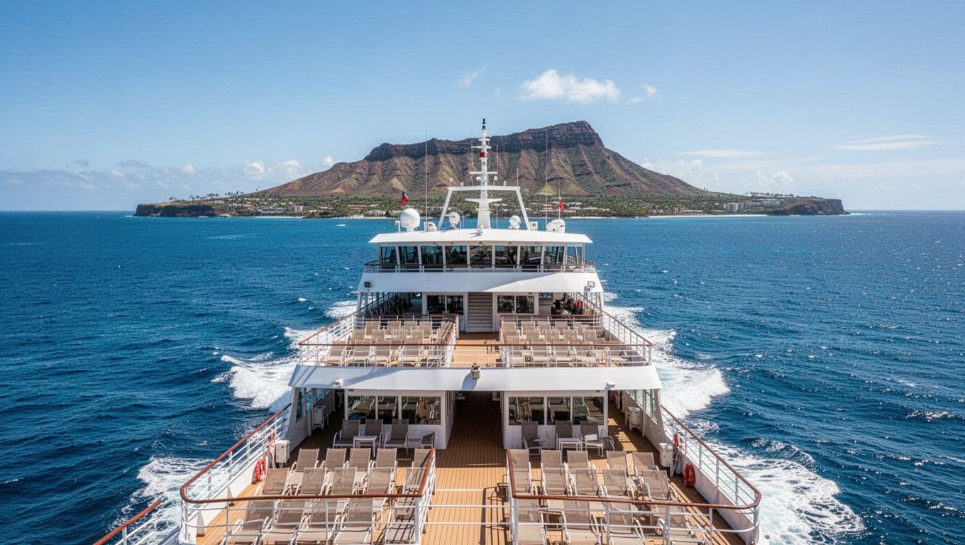 A large double-decker vessel sails across vibrant blue water under a clear sky. The iconic silhouette of Diamond Head crater looms in the distant background, emphasizing the vast coastal scenery.