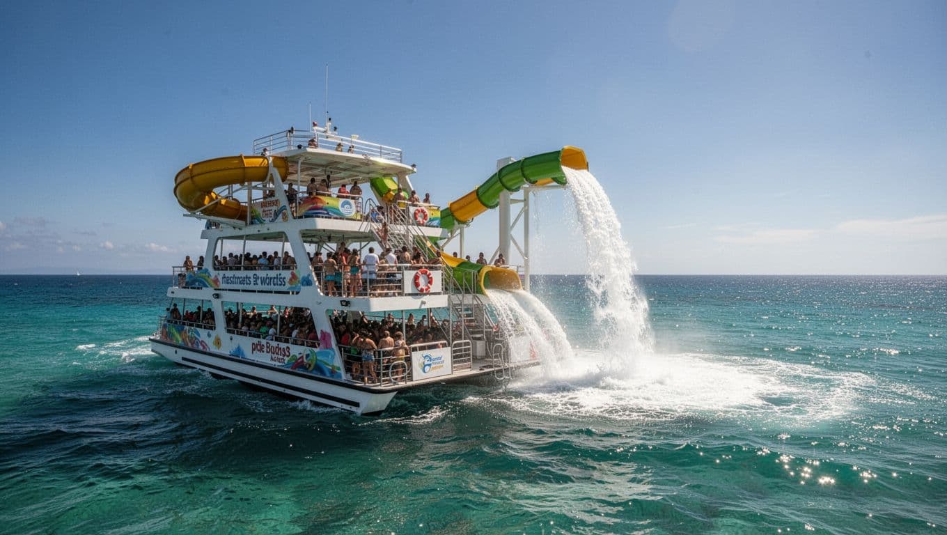 A boat with an attached water slide sits in clear blue ocean water under a sunny sky.
