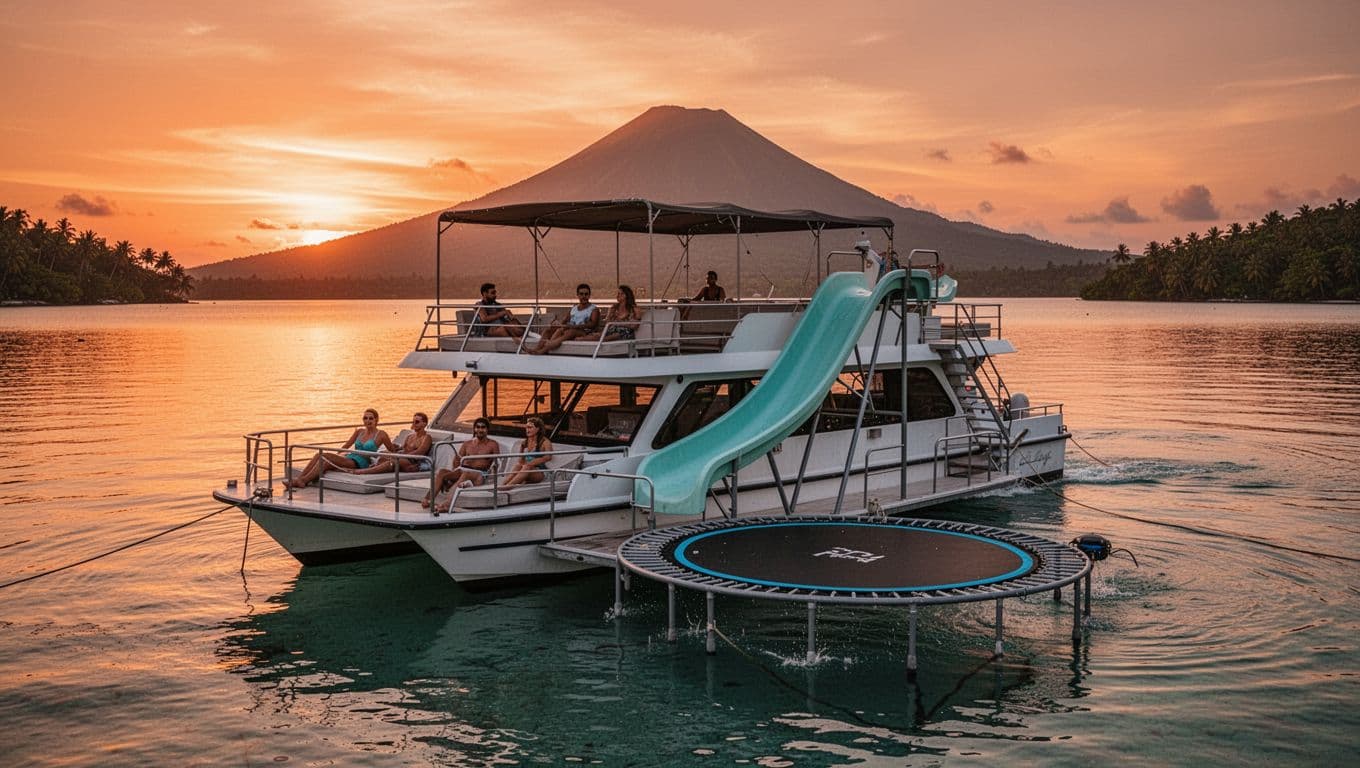 Double-decker Lokahi boat with water slide and trampoline anchored in calm Waikiki bay at sunset, four passengers relax on decks, Diamond Head silhouette visible.