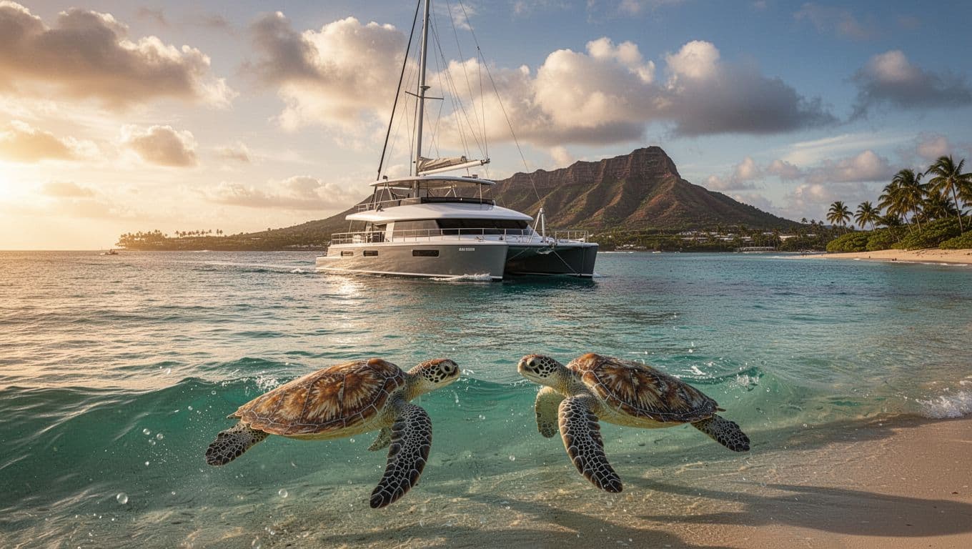 Double-decker power catamaran Lokahi sails turquoise waters off Waikiki Beach with two Hawaiian green sea turtles swimming nearby, Diamond Head in the distant background under golden hour lighting.