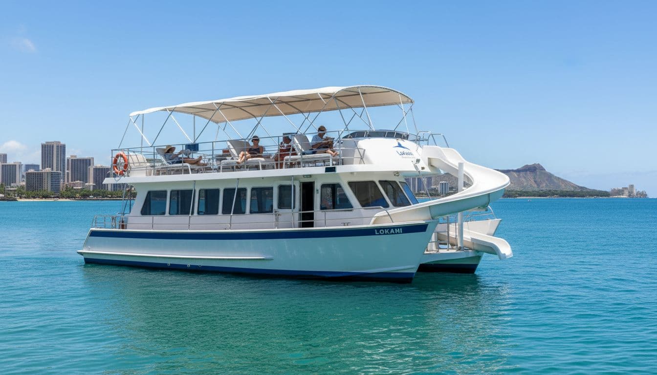 Custom-built double-decker boat Lokahi docked at Kewalo Basin Harbor features an upper deck with water slide and shaded seating amid calm waters and visible Waikiki Beach on a bright day.