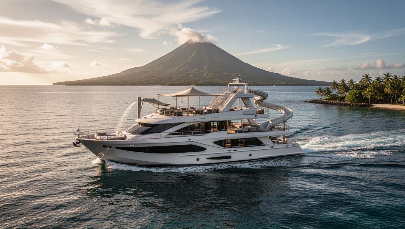 Custom double-decker boat named Lokahi sails calm waters near Waikiki shore, featuring upper deck water slide, shaded seating, and expansive ocean views toward Diamond Head in cinematic style.