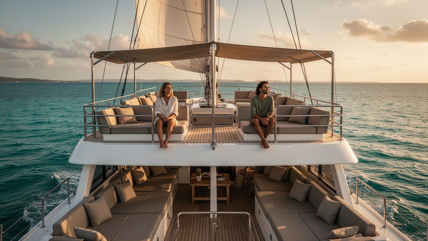 Double-decker catamaran boat Lokahi sails on calm turquoise Waikiki ocean, showcasing upper deck shaded bench seats and lounge areas for two relaxed guests.