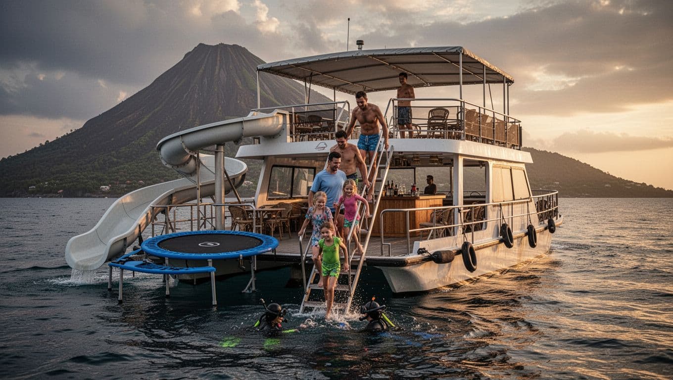 Happy family of five climbs ladder back onto stable double-decker Lokahi boat with water slide and trampoline after snorkeling off Waikiki, Diamond Head volcano in backdrop, dramatic sunset lighting from low water angle.