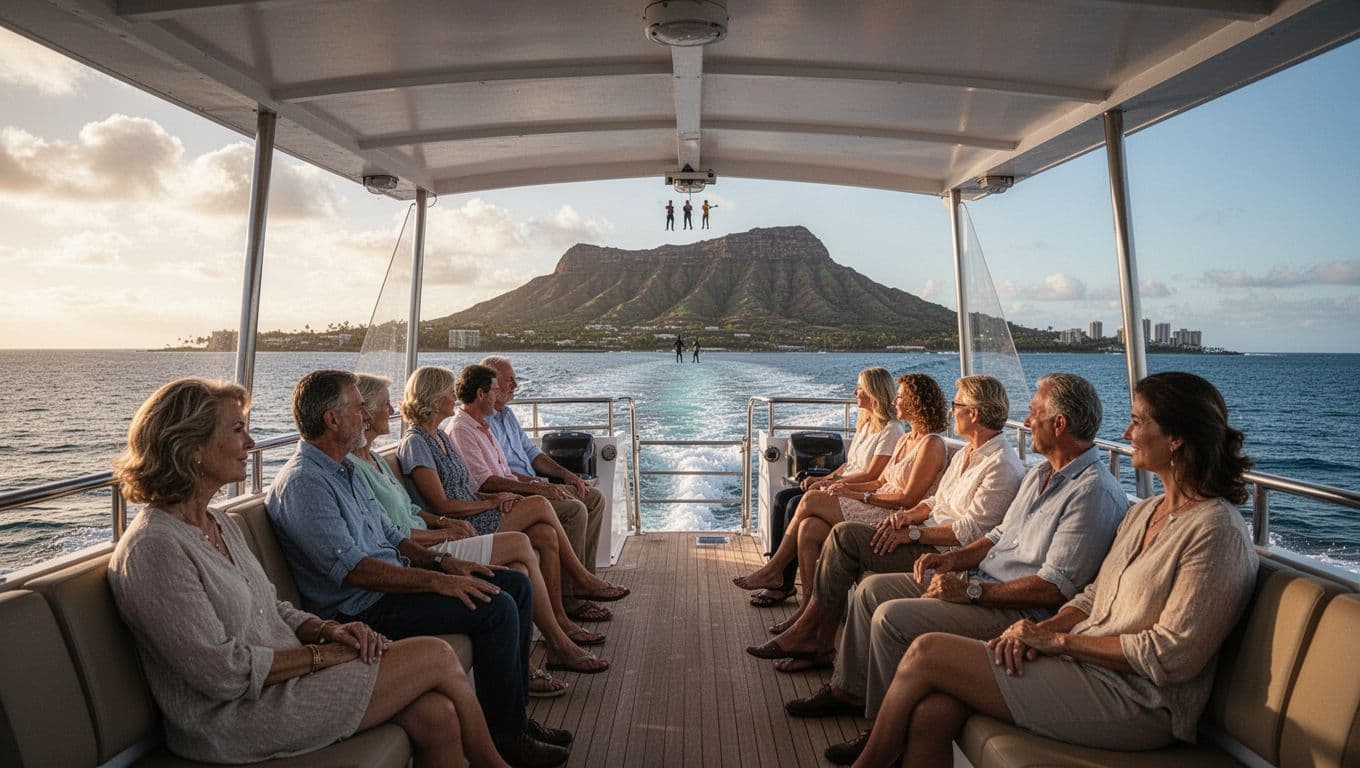 Double-decker Lokahi boat cruises calmly in Waikiki ocean with shaded seating, Diamond Head view, and three distant relaxing guests.