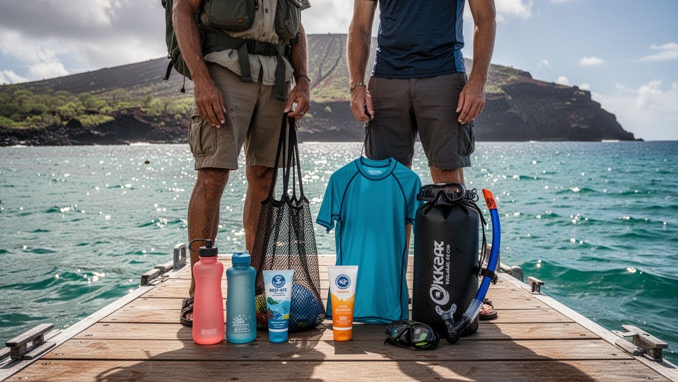 Two people arrange reusable snorkeling gear on a dock overlooking Kealakekua Bay.
