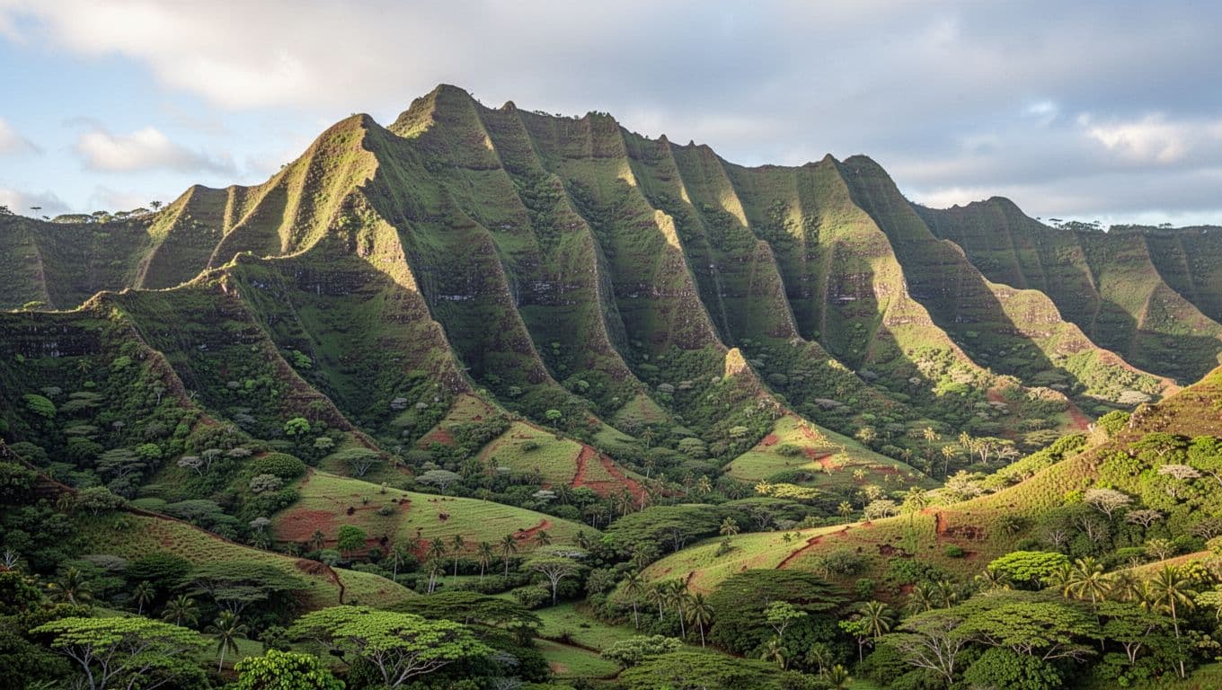 Jagged green volcanic ridges rise sharply from deep, shadowed valleys under a soft, golden afternoon sun. This expansive, untouched wilderness showcases the rugged topography of the lush Hawaiian island landscape.