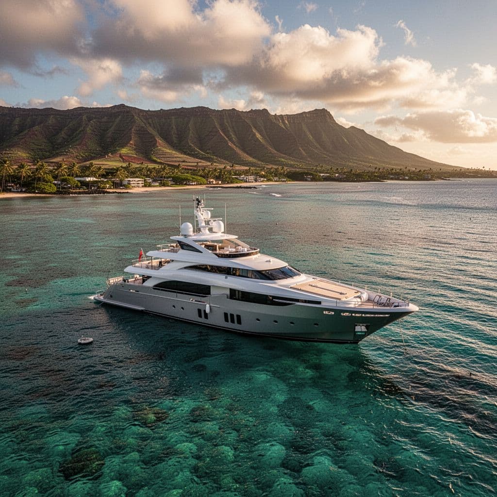A sleek private vessel floats upon vibrant turquoise water, with the rugged Oahu coastline glowing under soft golden hour light. The calm sea ripples gently against the pristine white hull.