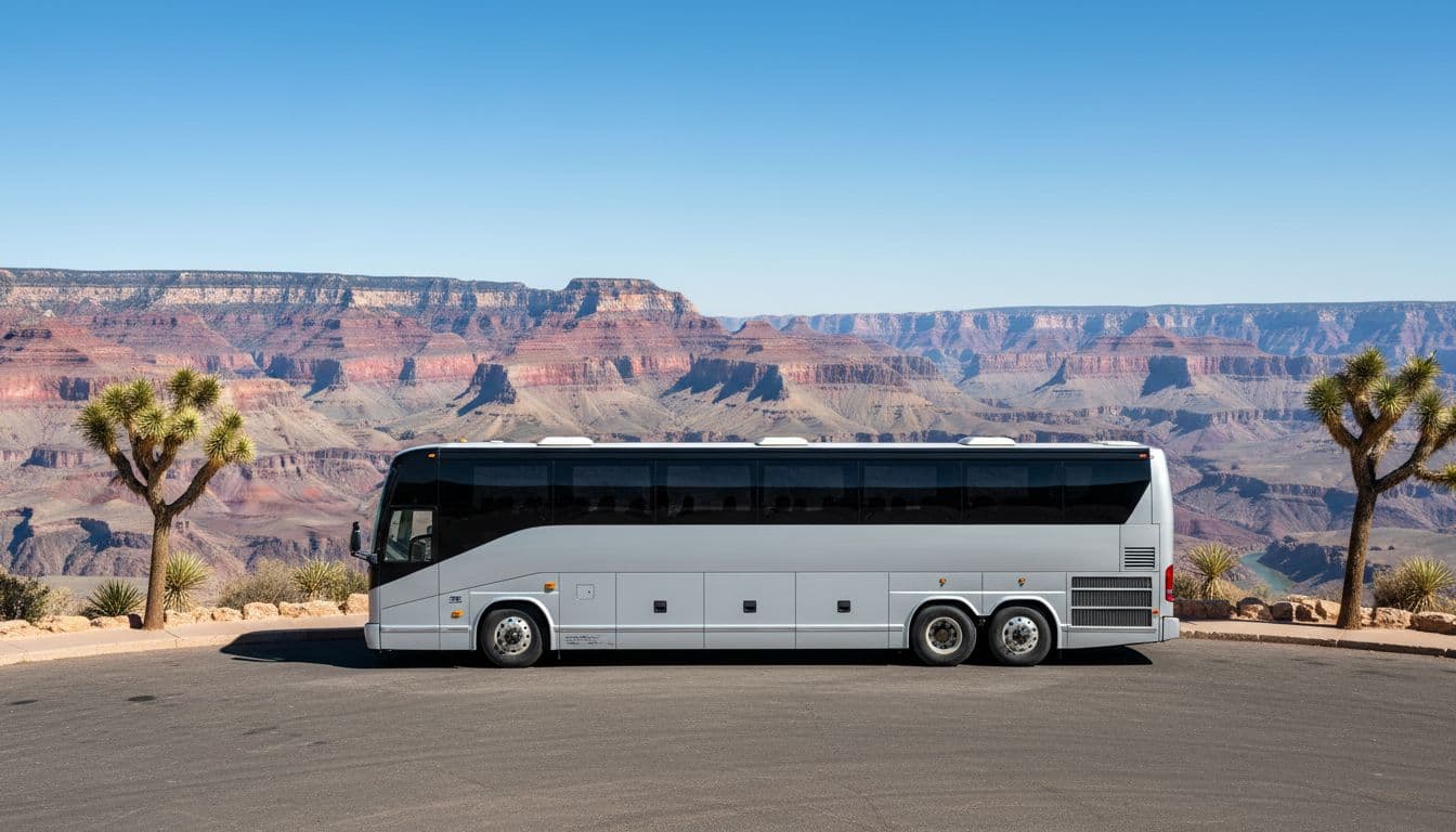 A luxury air-conditioned tour bus parked at the Grand Canyon West Rim overlook, surrounded by stunning red rock canyon views, Joshua trees, and a clear blue sky in vibrant daylight.