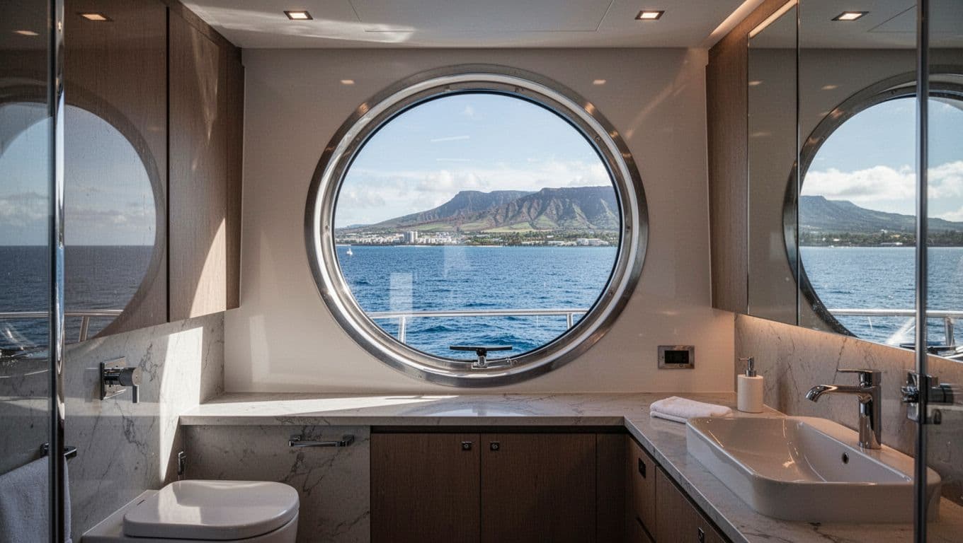 Clean modern restroom interior on a luxury double-decker catamaran during whale watching tour, porthole showing calm blue ocean and Oahu coast, well-lit with dramatic natural lighting.