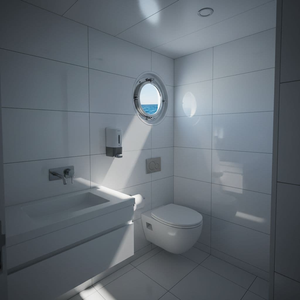 Clean modern onboard restroom in a luxury catamaran for Waikiki tours, featuring white tiled space with sink, toilet paper holder, hand sanitizer, and porthole window showing blue ocean.