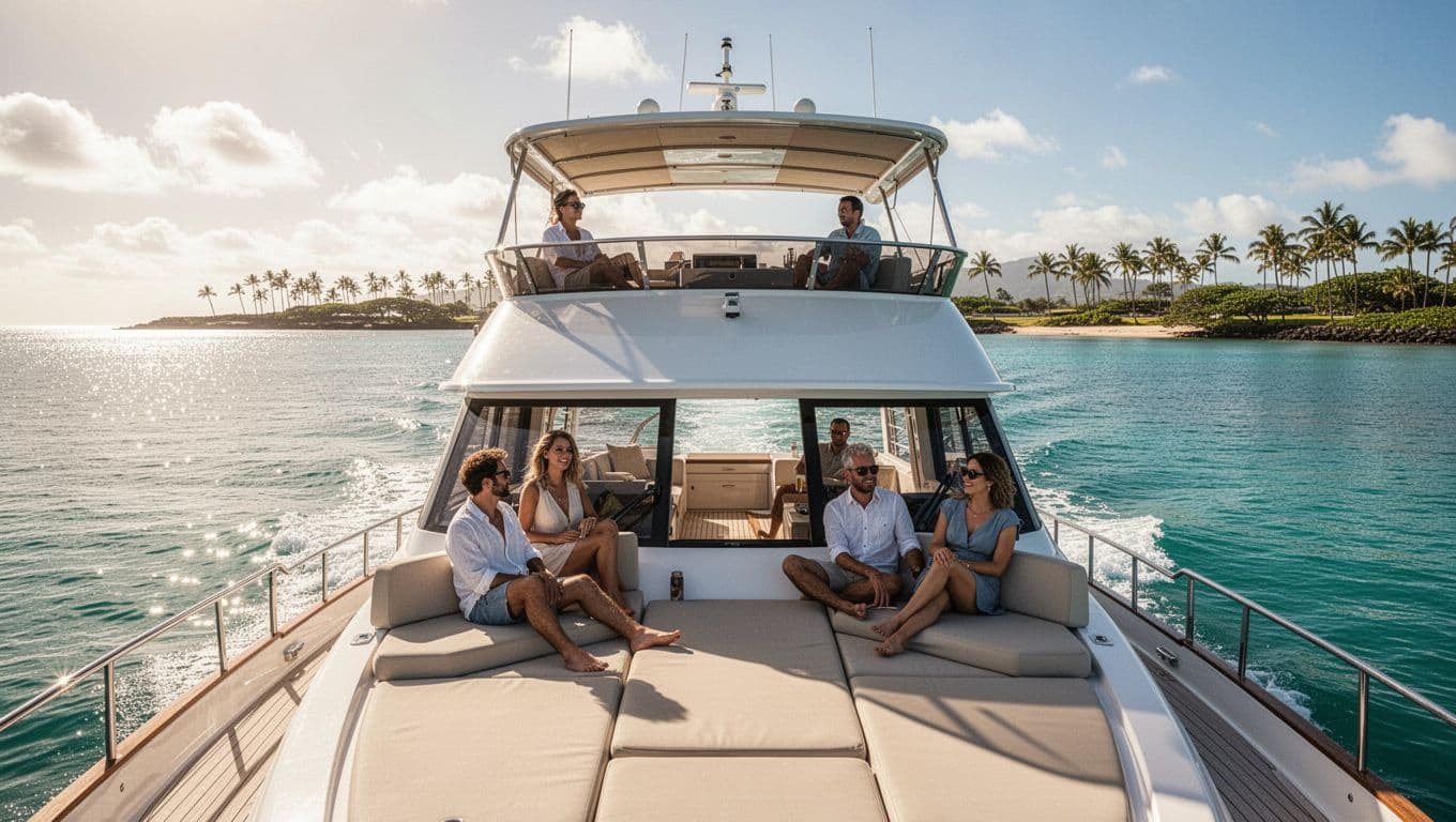 Luxury double-decker boat sailing calm turquoise Oahu ocean waters near Pokai Bay west coast with four passengers relaxing on shaded open deck in sunny tropical setting.