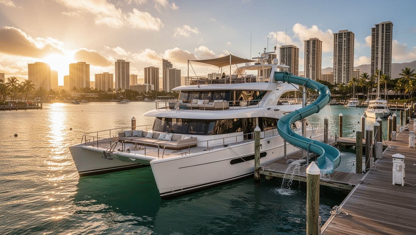 Luxurious double-decker power catamaran docked at Kewalo Basin Boat Harbor near Waikiki, upper deck with shaded seating and water slide, calm turquoise ocean, Honolulu skyline in golden sunset light, cinematic style.