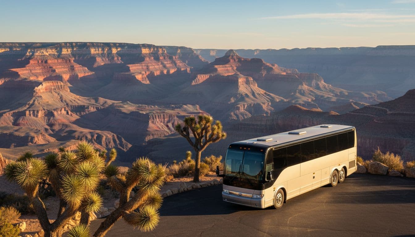 Luxury tour bus parked at Grand Canyon West Rim overlook featuring Eagle Point in view, with vast colorful layered canyon walls, Joshua trees in foreground, clear blue sky, and golden hour sunlight casting a warm glow in realistic photographic style.
