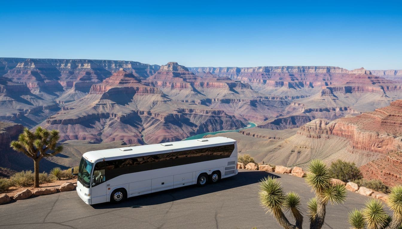 A luxury air-conditioned tour bus parked at the Grand Canyon West Rim overlook like Eagle Point, featuring vast layered red rock canyons stretching to the horizon, Colorado River visible below, Joshua trees nearby, on a bright sunny day with clear blue sky and soft shadows, in realistic photography style.