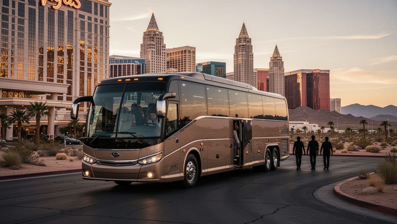 Ultra-realistic cinematic travel photo of a luxury tour bus picking up distant passengers at a Las Vegas Strip hotel at dawn, featuring golden-hour lighting, subtle city skyline, and desert horizon.
