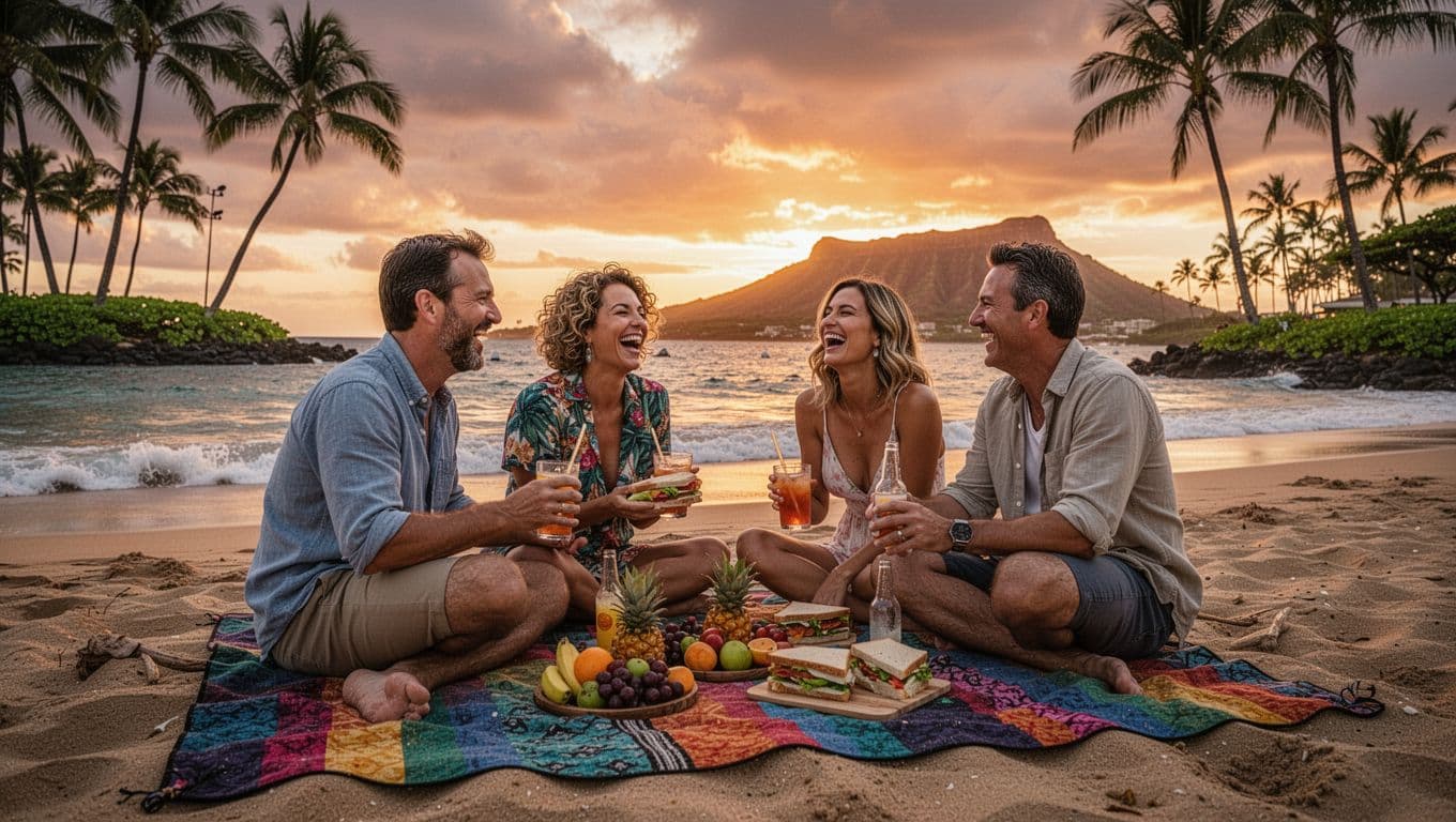 Two couples sit laughing on colorful blanket at Magic Island beach sunset with fruits, sandwiches, drinks, palms, waves, and Diamond Head.