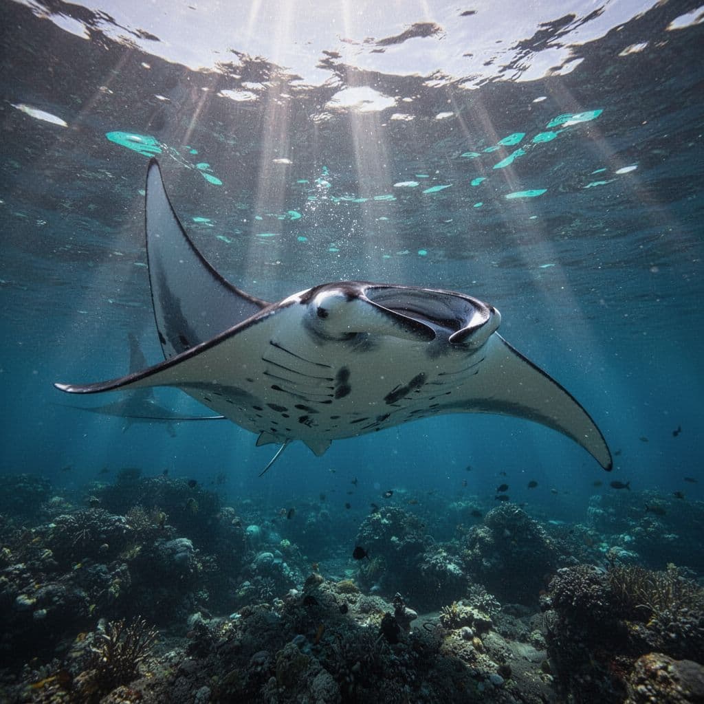 A graceful manta ray glides through clear blue ocean water in its natural habitat.