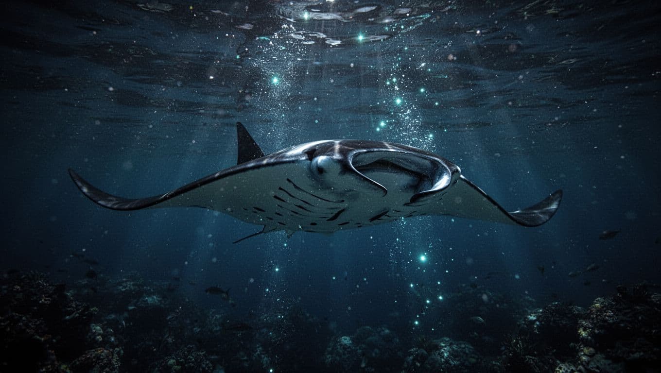 A giant manta ray glides through the pitch-black ocean, its wingspan illuminated by ethereal blue light. Sparkling cyan reflections dance across its dark skin as it navigates the deep Kona waters.