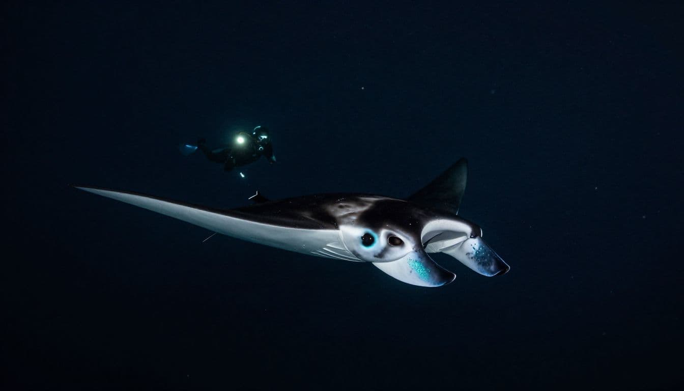 A singular large manta ray glides through the dark ocean at night. Brilliant cyan light reflects off its expansive skin, contrasting sharply against the surrounding deep water and impenetrable black shadows.