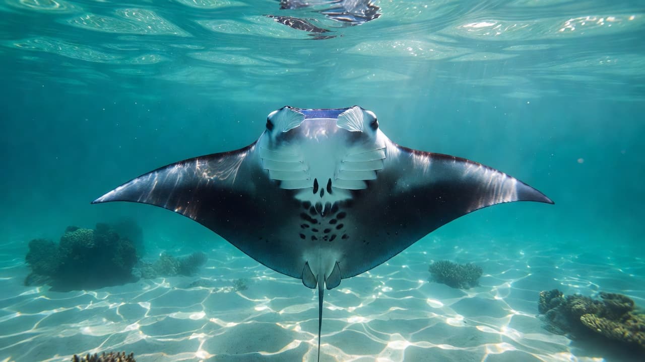 A majestic manta ray swimming through clear turquoise ocean water.