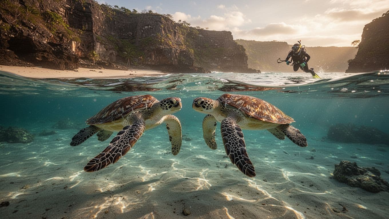 Two green sea turtles swim near surface in turquoise waters off sandy beach with rugged cliffs.
