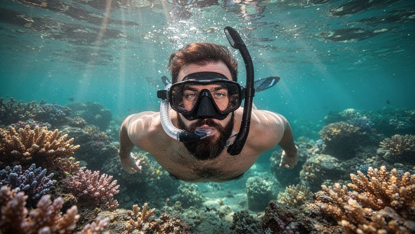A bearded man wearing a black dive mask snorkeling over a coral reef.