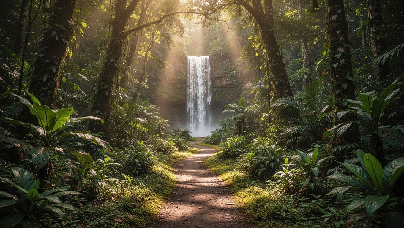 Sunlight streams through the dense green canopy above a winding jungle path that leads toward a towering, misty waterfall. Ferns and tropical vegetation surround the rocky trail in the morning light.