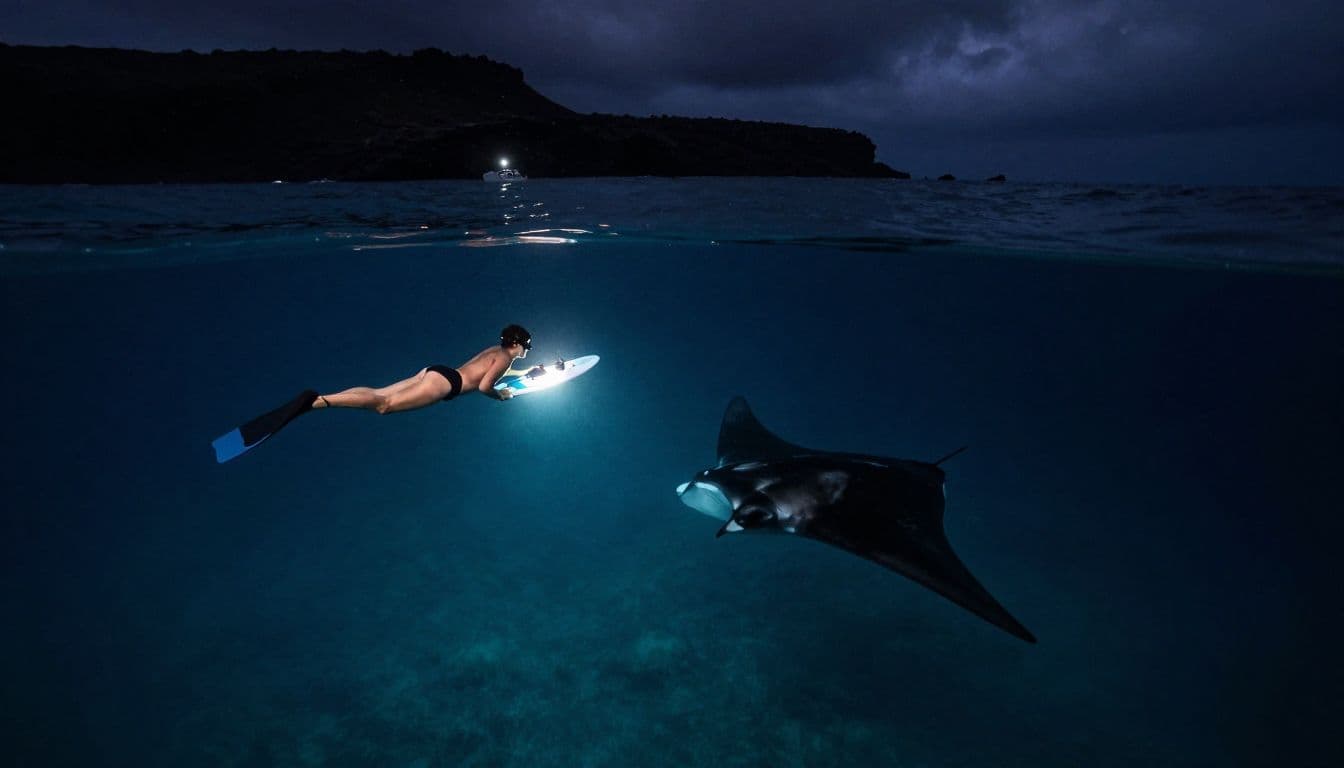 A snorkeler floats near a glowing board as a manta ray swims below at night.