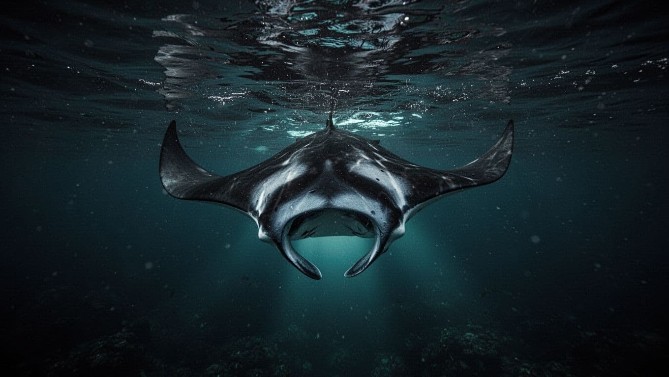 A giant manta ray glides through dark ocean water, its wings curving mid-roll. Brilliant cyan lights illuminate the creature's smooth belly and textured skin, creating high contrast against the surrounding deep abyss.