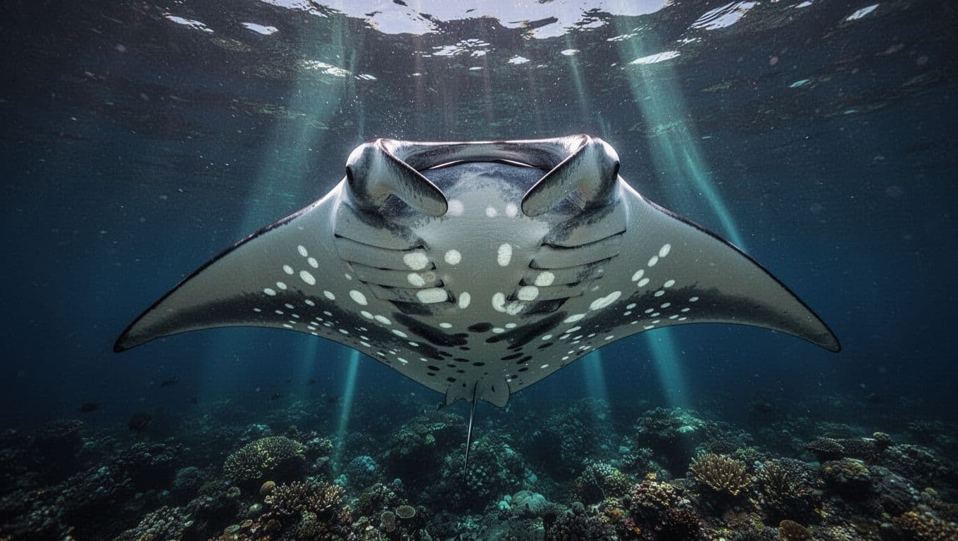 Manta ray viewed from below in Hawaiian waters, belly showing unique white spots against dark ocean, coral floor distant.