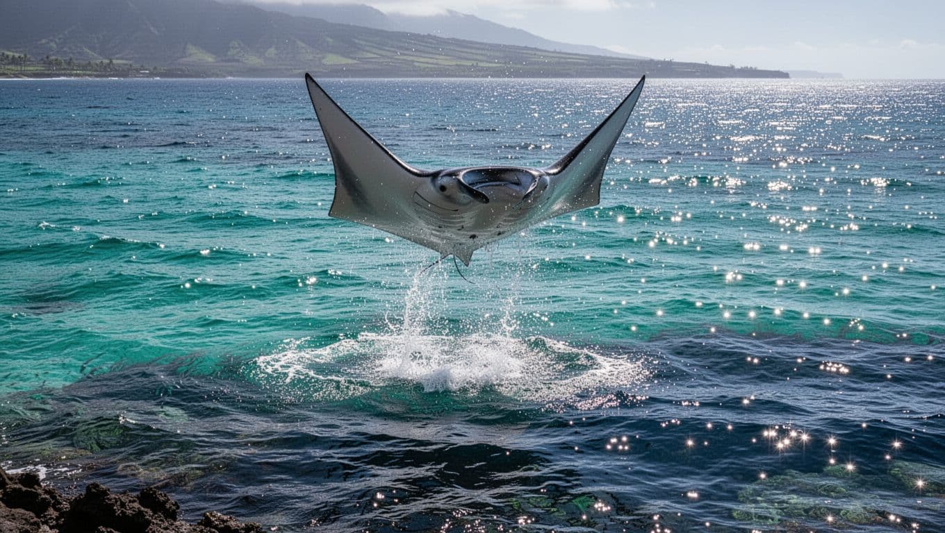 A giant manta ray leaps above sparkling ocean water near Kona, Hawaii.