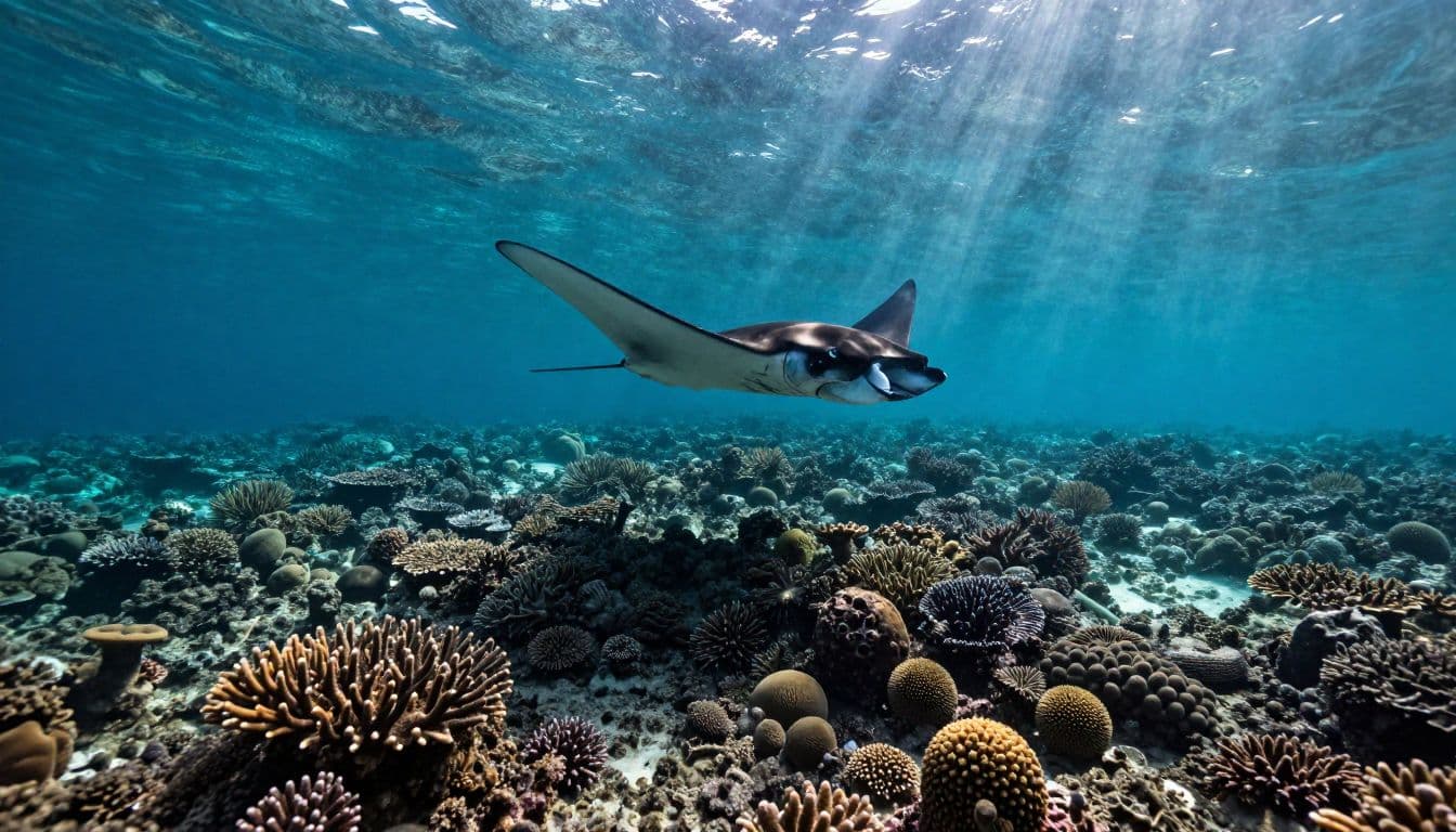 A manta ray swims above a sunlit Hawaiian coral reef with shimmering water overhead.