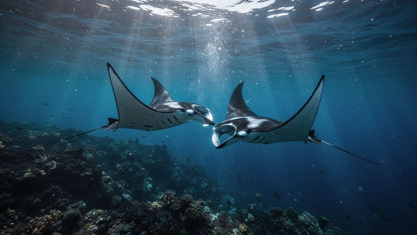 Two manta rays follow each other through sunlit blue water near Hawaii.