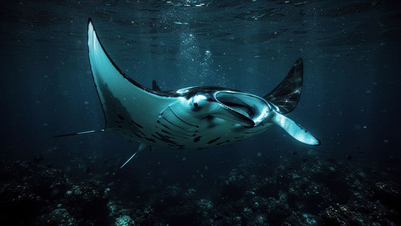 A manta ray glides through dark water beneath a bright cyan light.