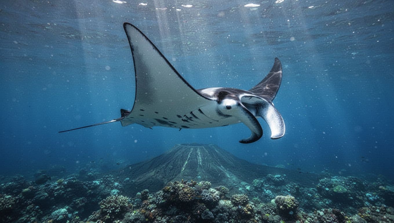 A manta ray swims side-on above a distant reef in clear blue water.