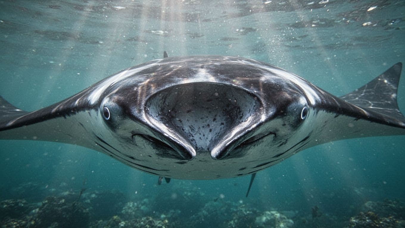 Close-up of a giant manta ray head showing skin texture and eye details in sparkling cyan water.