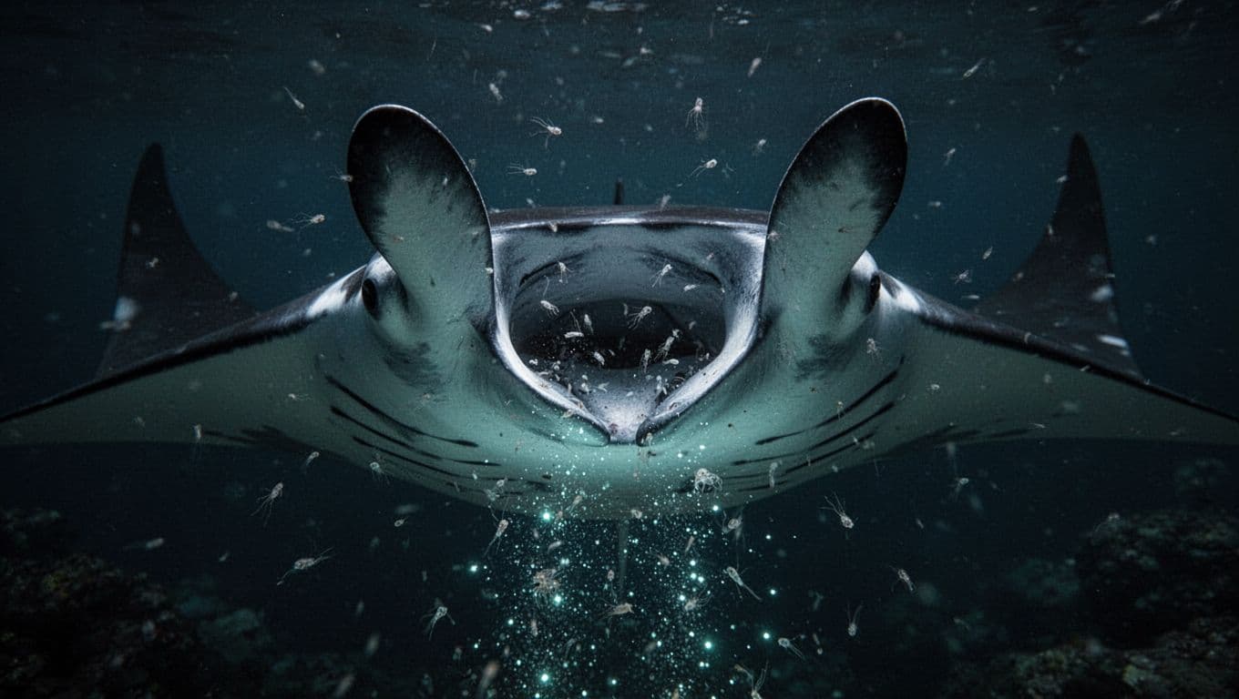 A close-up view captures a manta ray swimming through dark ocean waters with its large cephalic fins unfurled like scoops. Tiny plankton particles glisten in the vibrant cyan light surrounding its head.