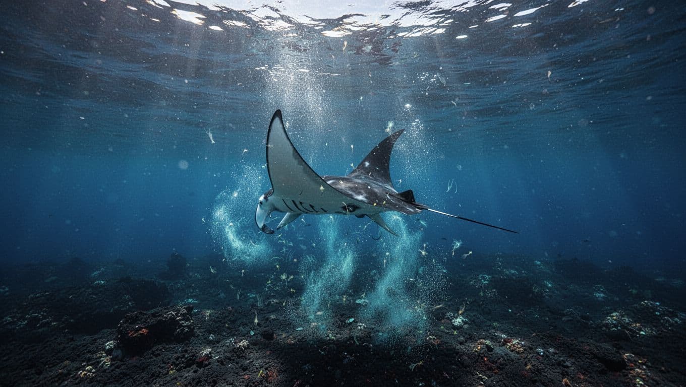 A manta ray feeds in layered blue water beneath the ocean surface.