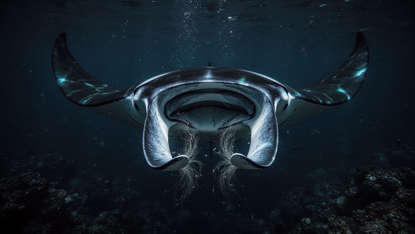 A graceful manta ray swims through dark ocean waters at night, its unique cephalic fins extended forward like scrolls. Soft ambient lighting illuminates its silhouette against the deep blue abyss.