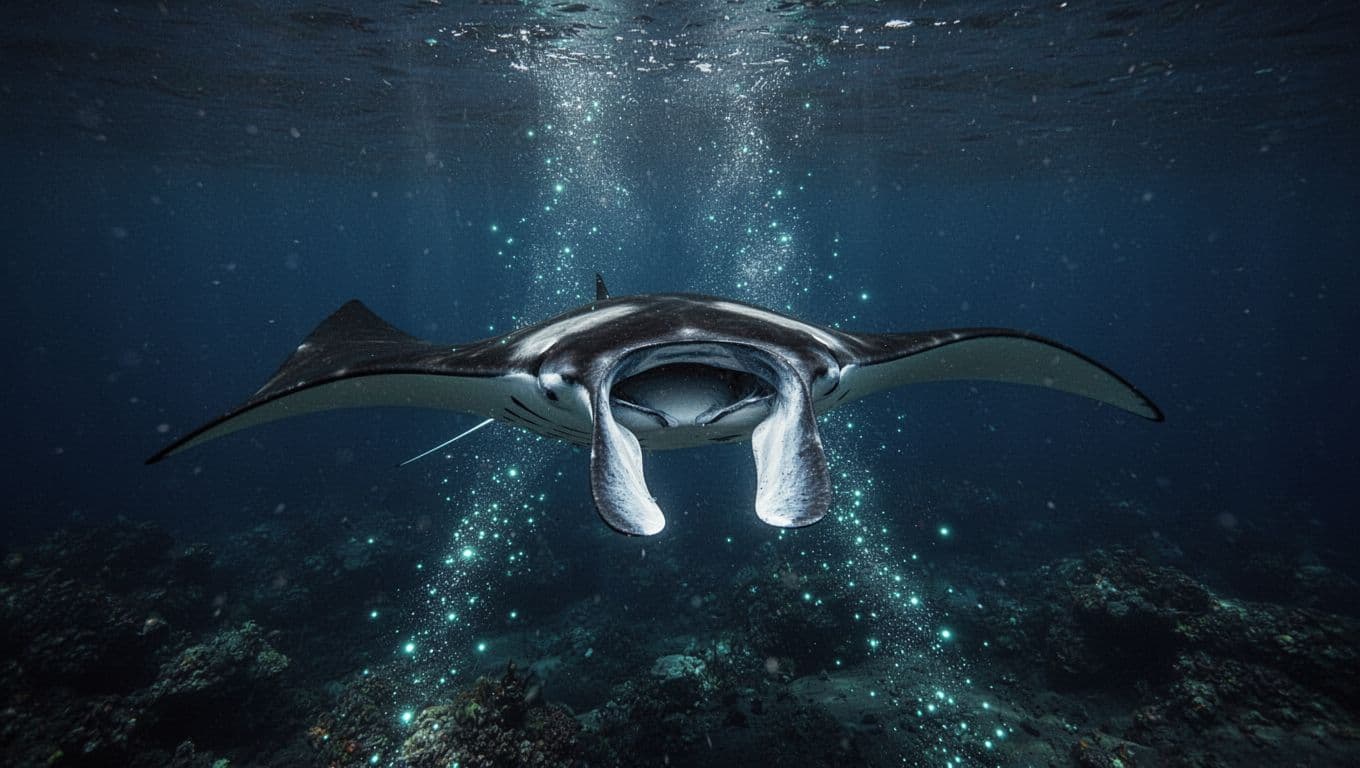 A manta ray filter-feeding with curled cephalic fins in dark blue water.