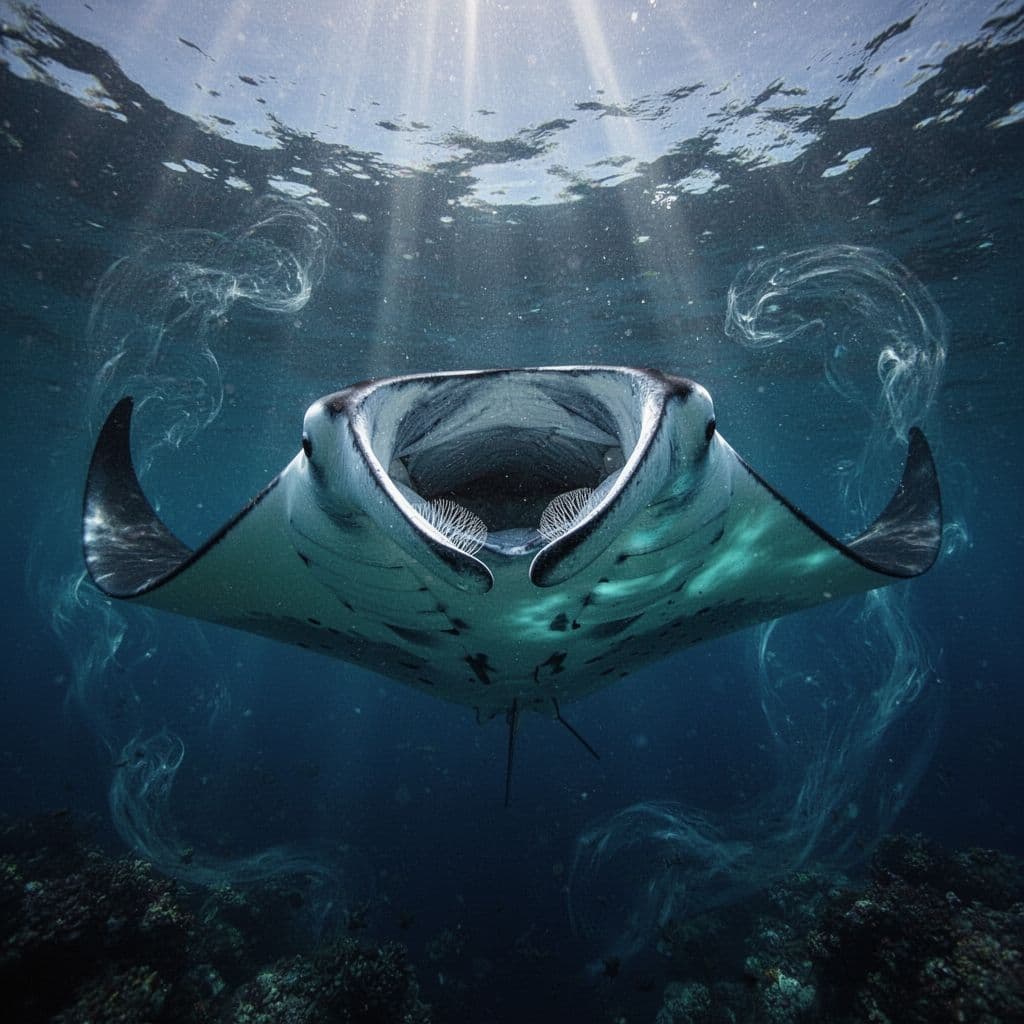 A majestic manta ray swims through deep blue water with its mouth open to reveal feeding structures.