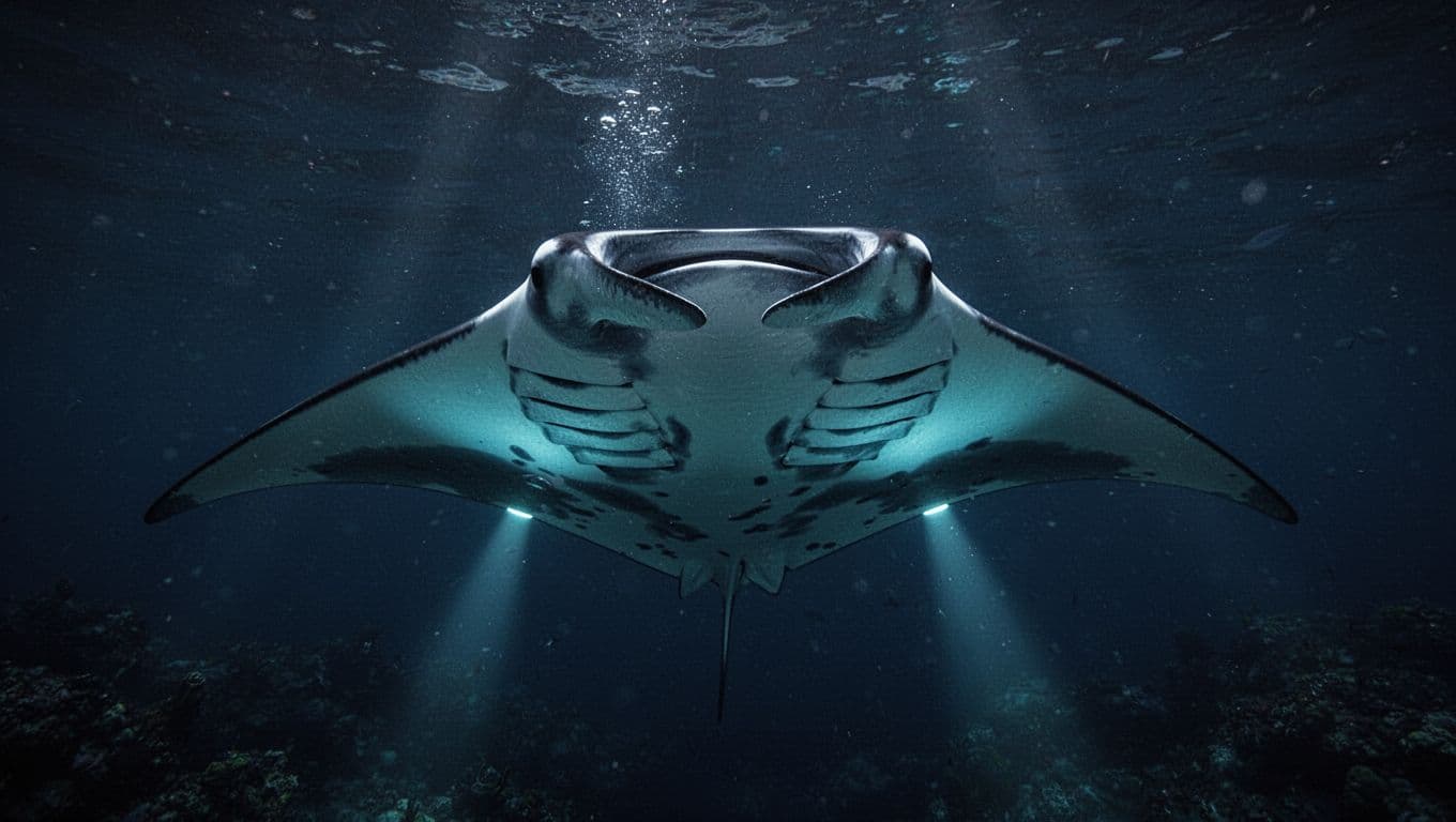 A manta ray gliding through dark water with its underside gill slits visible.