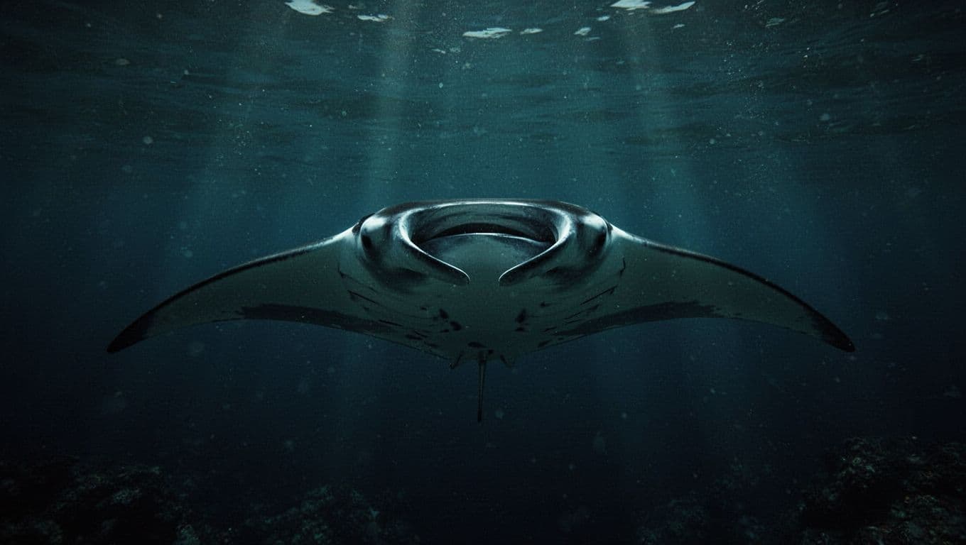 A single manta ray glides through deep, dark blue ocean waters with dramatic lighting.