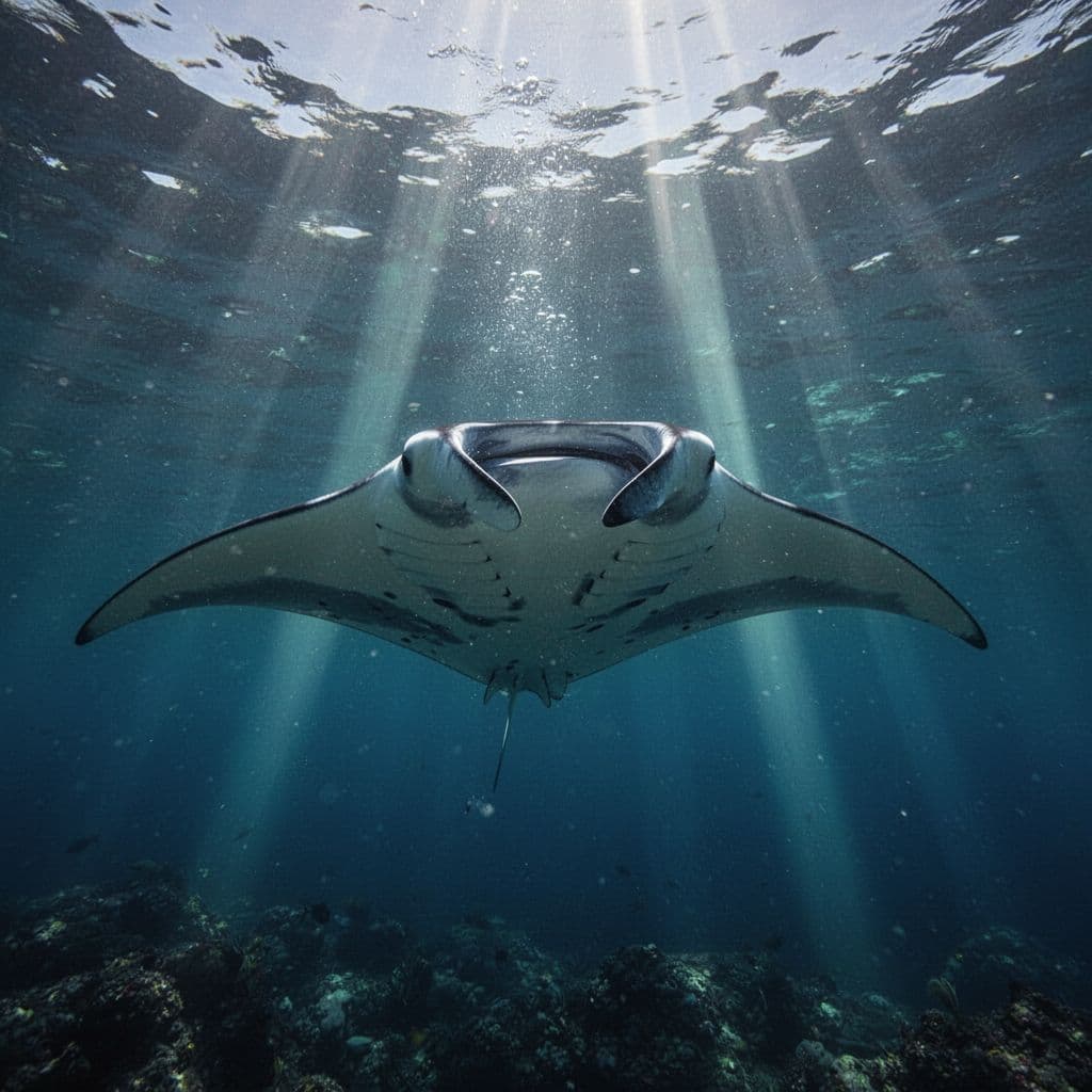 A single manta ray glides through clear blue water as sunlight beams filter from the surface.