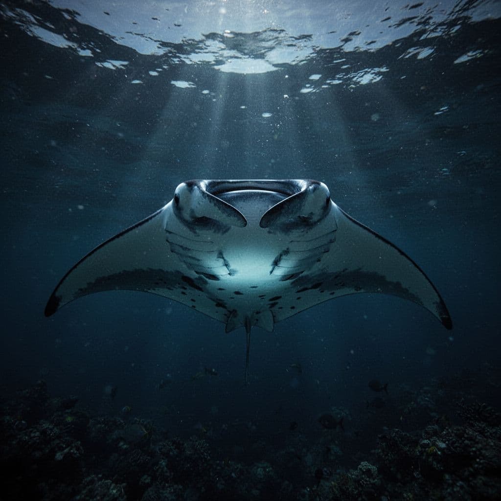 A large manta ray swims through dark, deep blue ocean waters illuminated by soft moonlight.