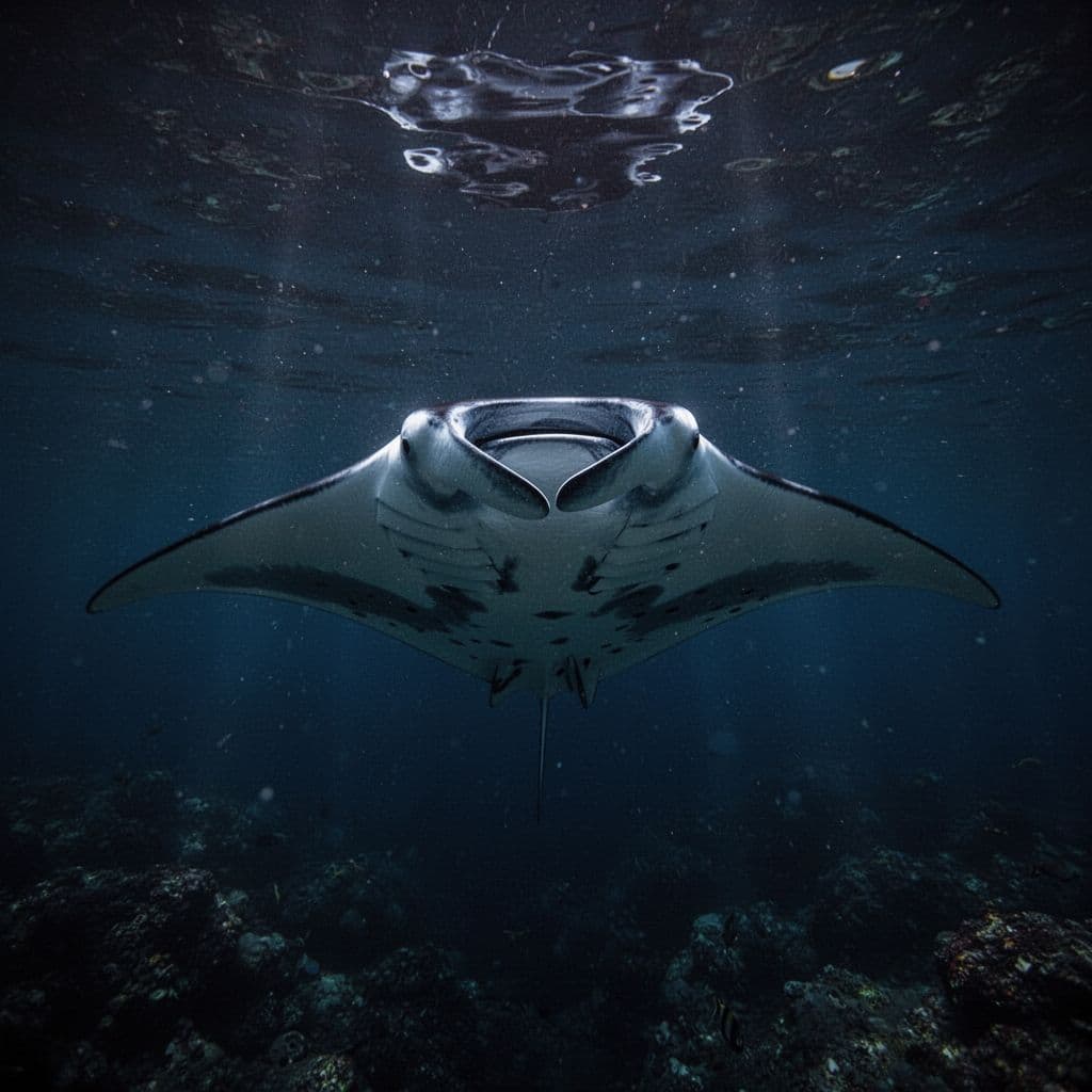 A graceful manta ray glides through dark, deep water illuminated by a soft blue glow.