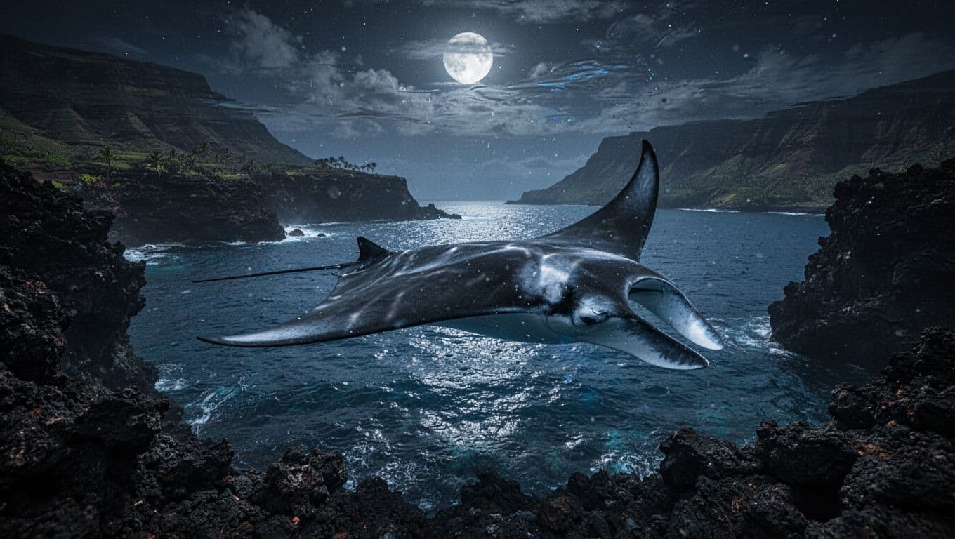 A graceful manta ray glides through dark Hawaiian coastal waters under soft blue ambient light.