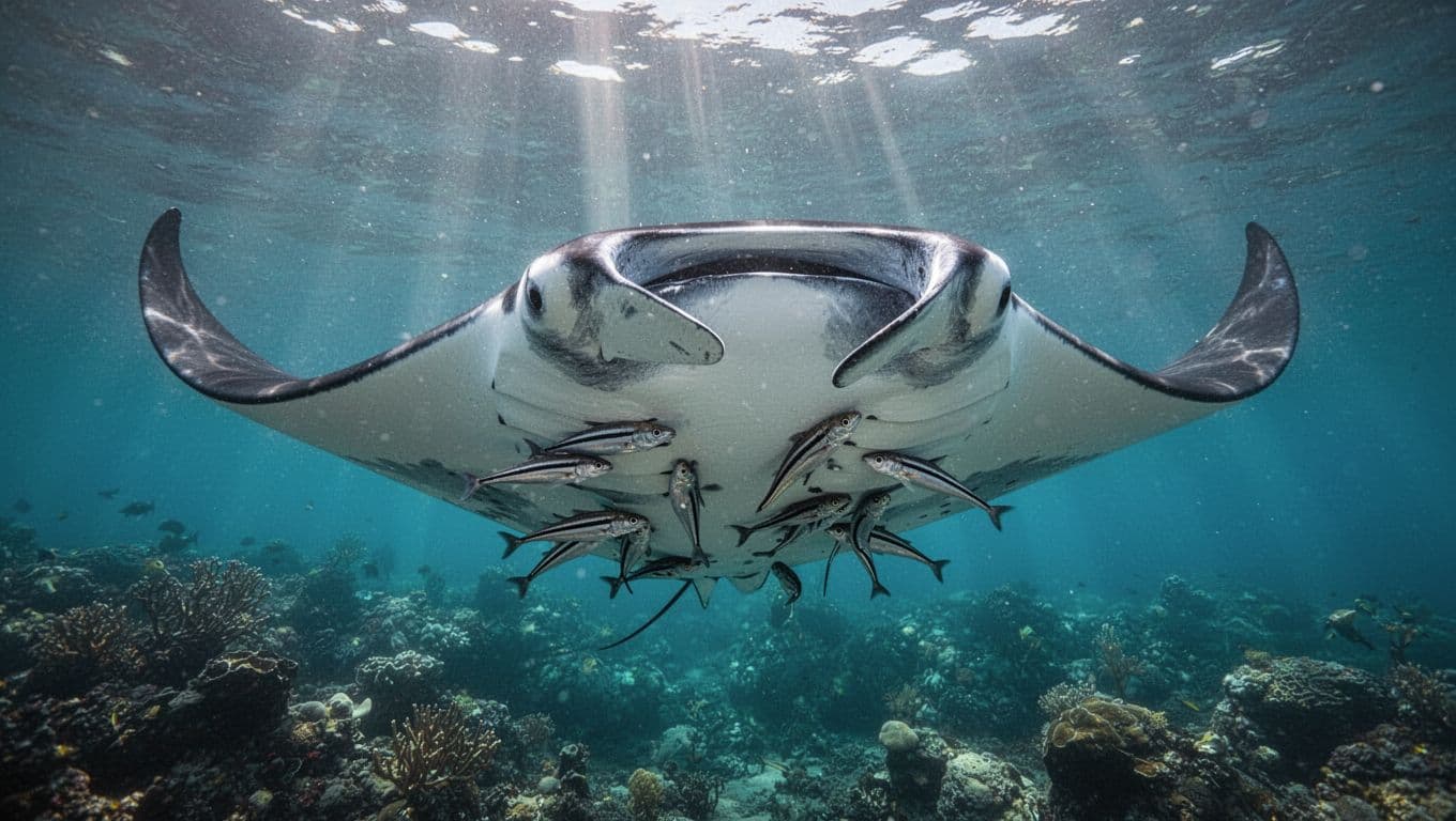 A majestic manta ray swimming through clear cyan ocean water with small remoras attached.